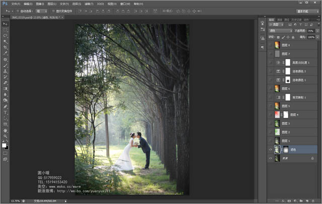 Photoshop給偏暗的樹林婚片增加燦爛的陽(yáng)光色彩