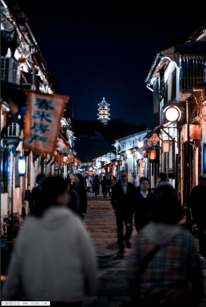 夜景效果，用PS给旅游拍摄的古城老街修出冷色调的照片