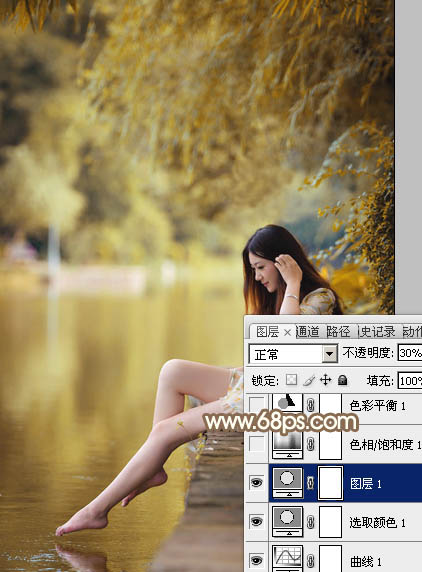 Photoshop打造柔和淡美的红褐色湖景美女图片