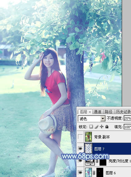 Photoshop給樹邊的女孩加上流行的淡調(diào)青藍色