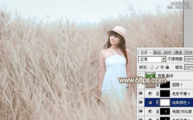 Photoshop給蘆葦中的美女加上柔和的古典粉褐色