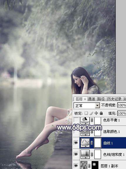 Photoshop打造古典粉蓝色外景美女图片