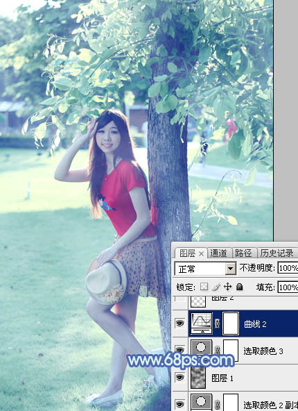 Photoshop給樹邊的女孩加上流行的淡調(diào)青藍色