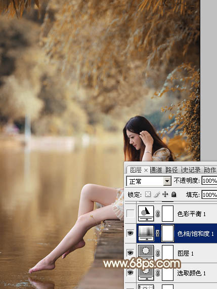 Photoshop打造柔和淡美的红褐色湖景美女图片