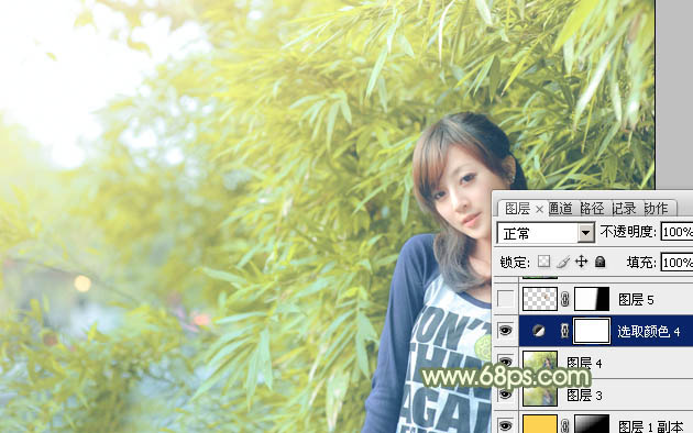Photoshop给竹林边的美女加上甜美的淡调黄绿色