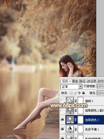 Photoshop打造柔和淡美的红褐色湖景美女图片