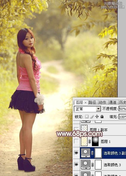 Photoshop给树林小路上的美女加上唯美的淡暖色