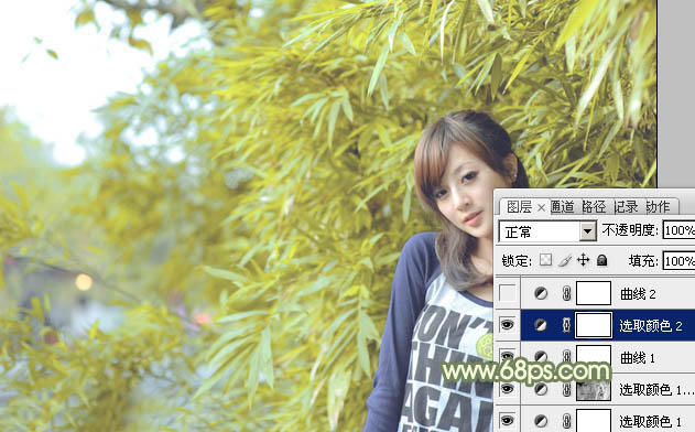 Photoshop给竹林边的美女加上甜美的淡调黄绿色