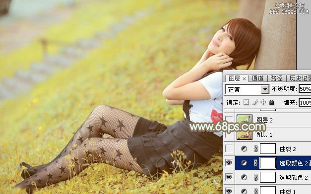 Photoshop打造柔美的韩系粉黄色草地美女图片