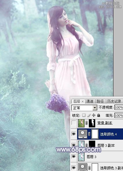 Photoshop給樹林中的美女加上夢幻的青藍(lán)色