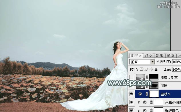 Photoshop给荷塘边的美女加上古典青色调