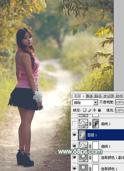 Photoshop給樹林中的紅衣美女加上漂亮的秋季色