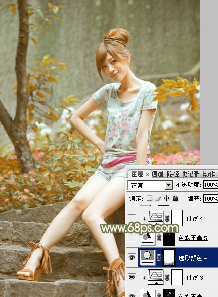 Photoshop給石階上的美女加上柔和的紅褐色