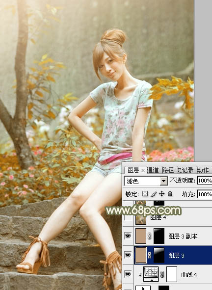 Photoshop給石階上的美女加上柔和的紅褐色