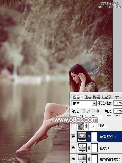 Photoshop给水边的美女加上梦幻的中性淡褐色