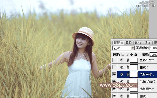 Photoshop给芦苇中的美女加上唯美的韩系淡黄色