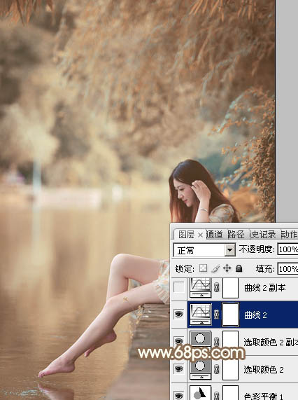 Photoshop打造柔和淡美的红褐色湖景美女图片