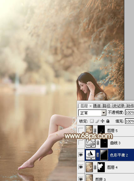 Photoshop打造柔和淡美的红褐色湖景美女图片