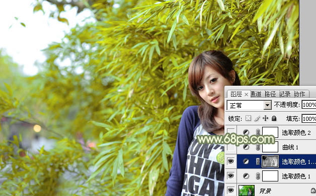 Photoshop给竹林边的美女加上甜美的淡调黄绿色