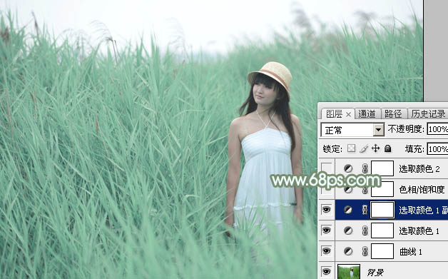 Photoshop给绿草中的美女加上甜美的淡调青绿色