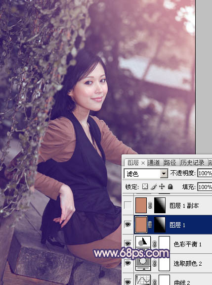 Photoshop给外景美女加上柔和的暗调蓝橙色