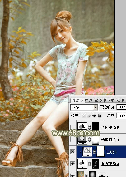 Photoshop給石階上的美女加上柔和的紅褐色