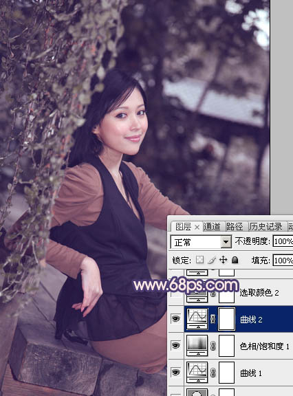 Photoshop给外景美女加上柔和的暗调蓝橙色