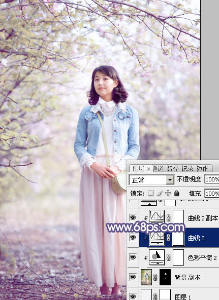 Photoshop給春季花木下的美女加上夢幻的粉紫色