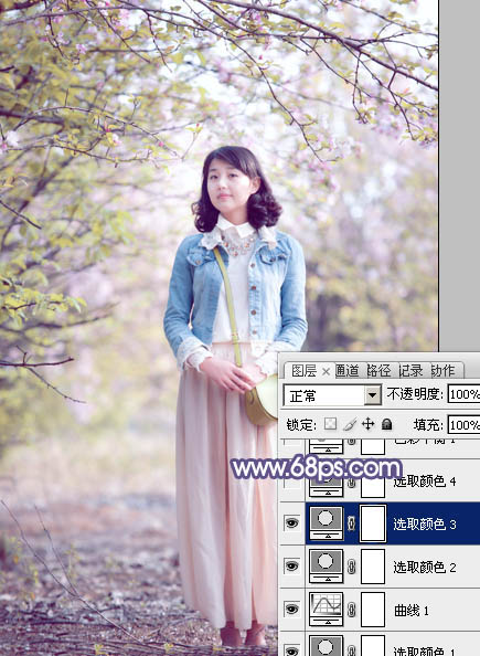 Photoshop給春季花木下的美女加上夢(mèng)幻的粉紫色