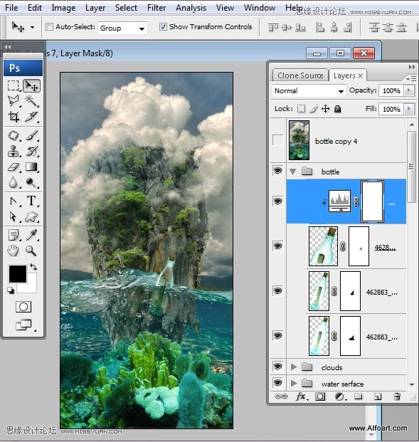 Photoshop创意合成海水中漂流的许愿瓶和海岛