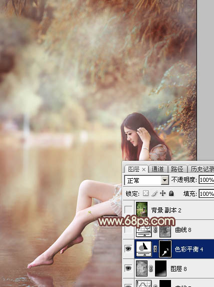 Photoshop给江边的美女加上漂亮的淡调红褐色