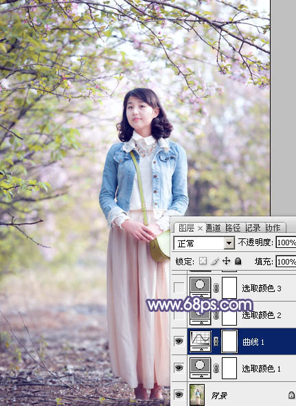 Photoshop給春季花木下的美女加上夢幻的粉紫色