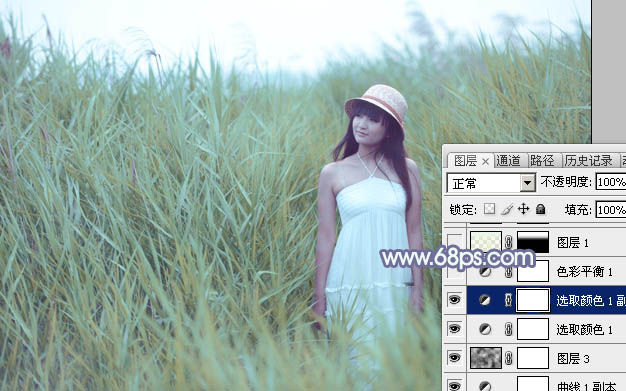 Photoshop打造唯美的粉調(diào)青藍色外景美女圖片