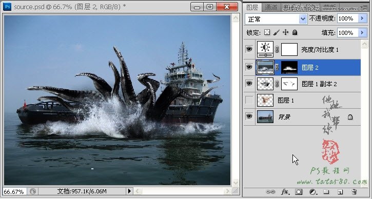 Photoshop合成史前大章鱼袭击轮船教程