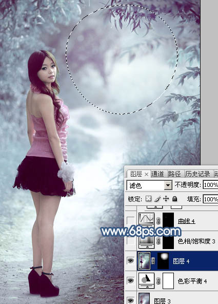 Photoshop打造梦幻的青蓝色春季树景美女图片