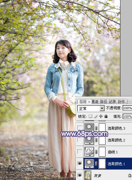 Photoshop給春季花木下的美女加上夢幻的粉紫色