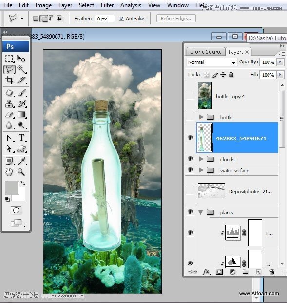 Photoshop创意合成海水中漂流的许愿瓶和海岛
