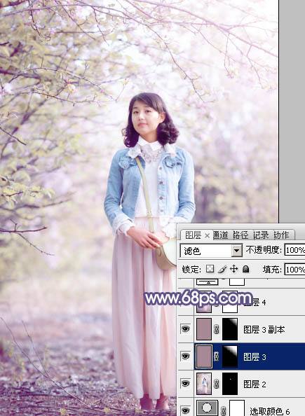 Photoshop給春季花木下的美女加上夢幻的粉紫色