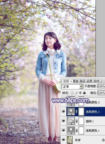 Photoshop給春季花木下的美女加上夢幻的粉紫色