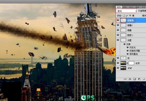 PS合成流星撞击摩天楼的爆炸效果