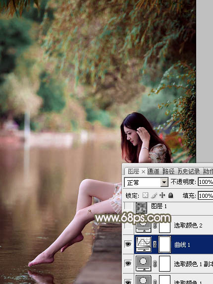 Photoshop打造甜美的红褐色河景美女图片