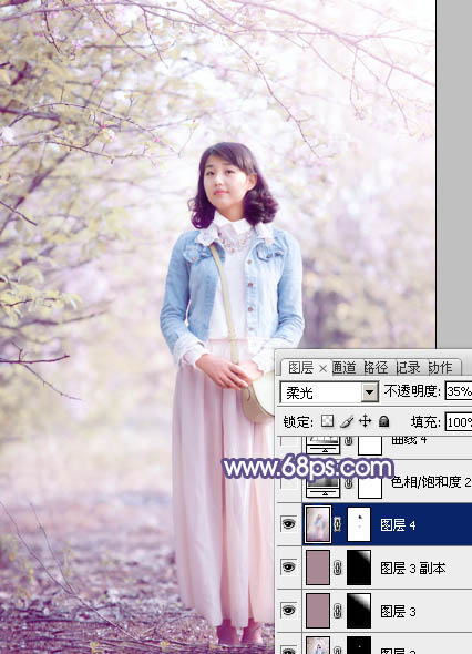 Photoshop給春季花木下的美女加上夢幻的粉紫色