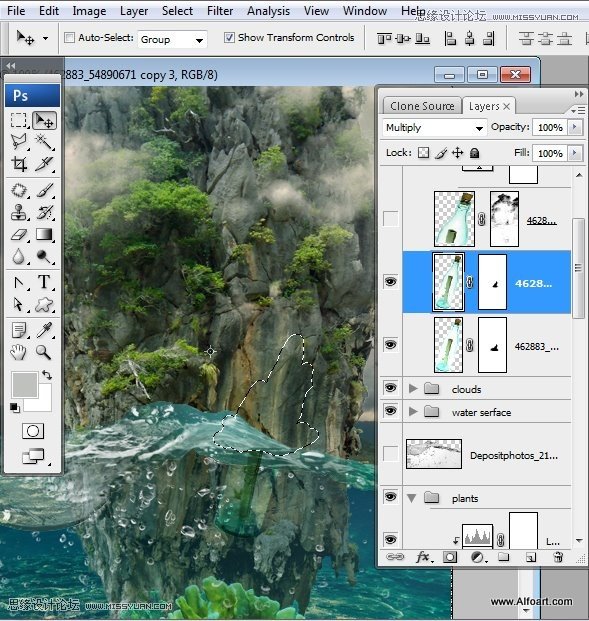 Photoshop创意合成海水中漂流的许愿瓶和海岛