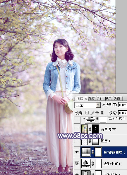 Photoshop給春季花木下的美女加上夢幻的粉紫色