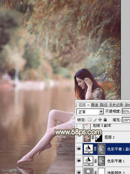 Photoshop打造甜美的红褐色河景美女图片