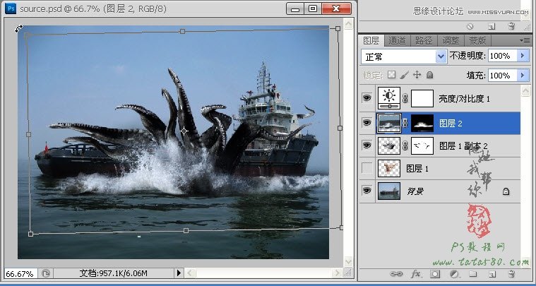 Photoshop合成史前大章鱼袭击轮船教程