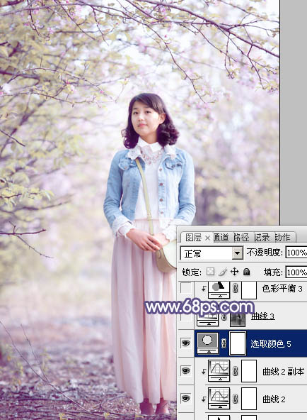 Photoshop給春季花木下的美女加上夢幻的粉紫色