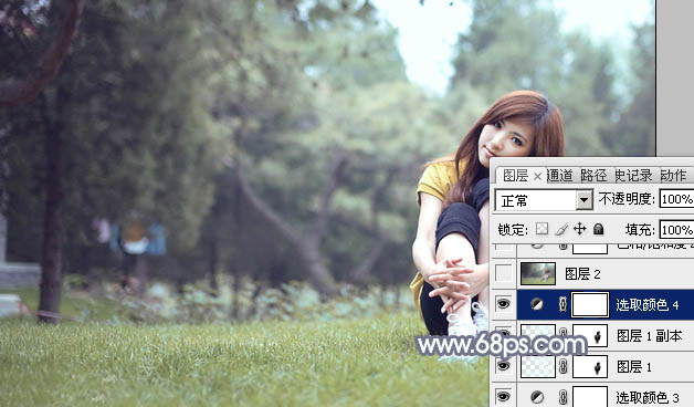 Photoshop给草地上的美女加上柔美的淡调青黄色
