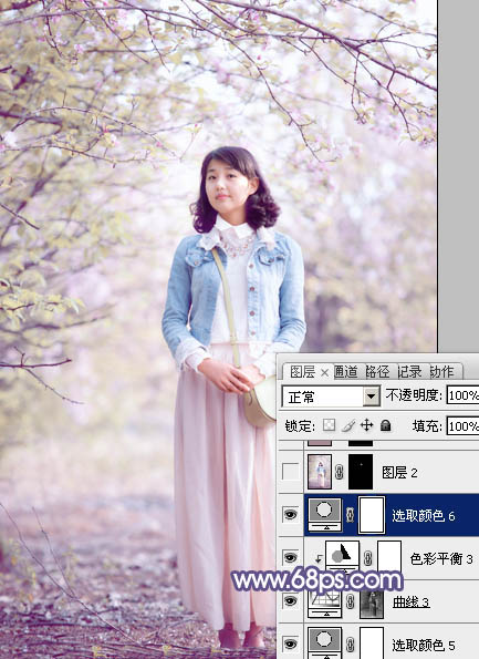 Photoshop給春季花木下的美女加上夢幻的粉紫色