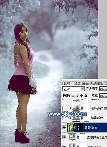 Photoshop打造梦幻的青蓝色春季树景美女图片